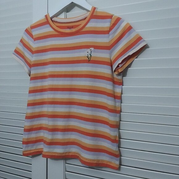 Madewell Tee Shirt Orange Stripe Embroidered Daisy Short Sleeve Womens Small - Picture 6 of 8
